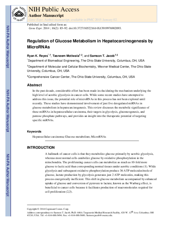 (PDF) Regulation of Glucose Metabolism in Hepatocarcinogenesis by MicroRNAs