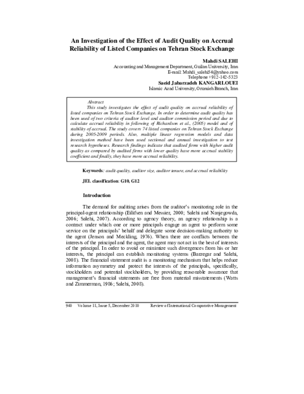 (PDF) An Investigation of the Effect of Audit Quality on Accrual ...
