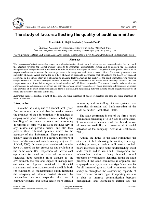 (PDF) The study of factors affecting the quality of audit committee
