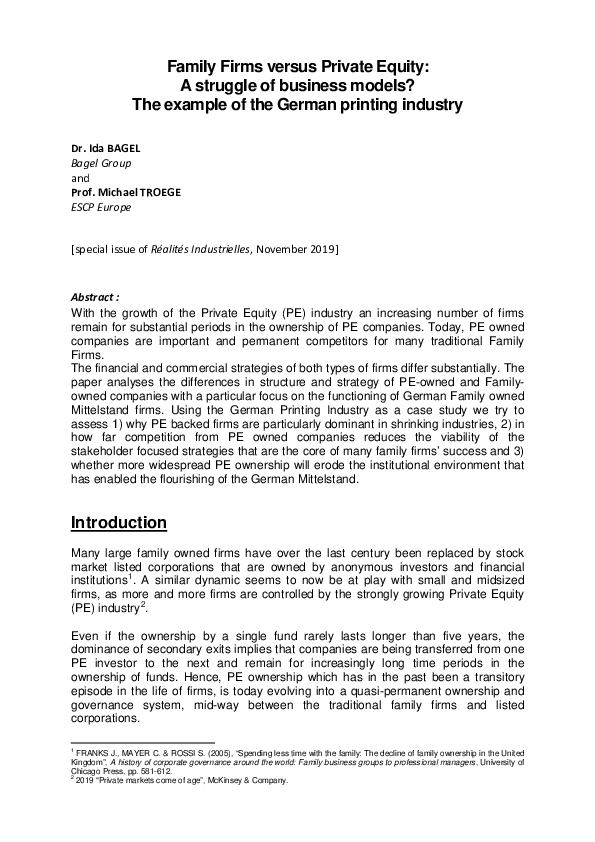 (PDF) Family Firms versus Private Equity A struggle of business models