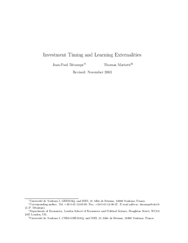 (PDF) Investment timing and learning externalities T. Mariotti