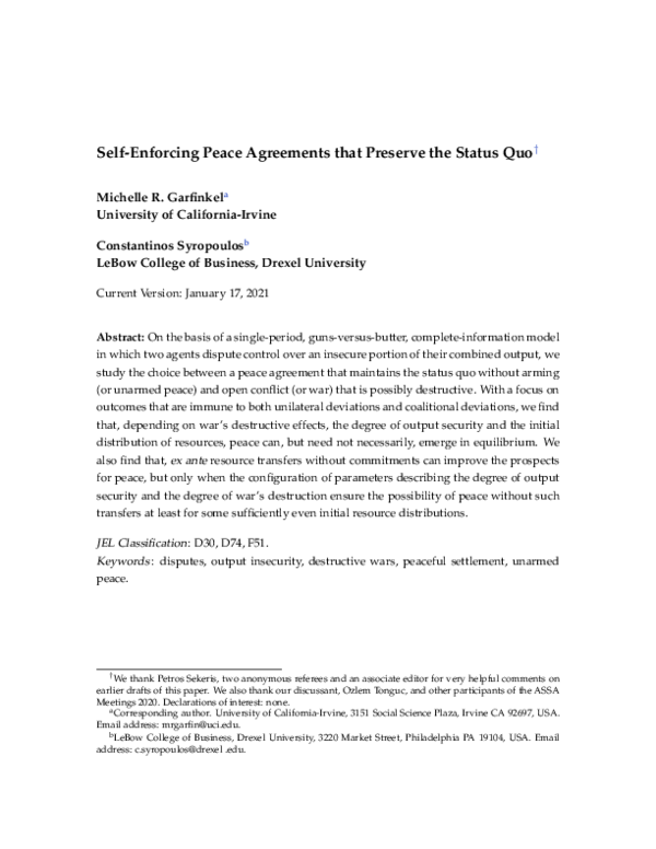 (PDF) Selfenforcing peace agreements that preserve the status quo