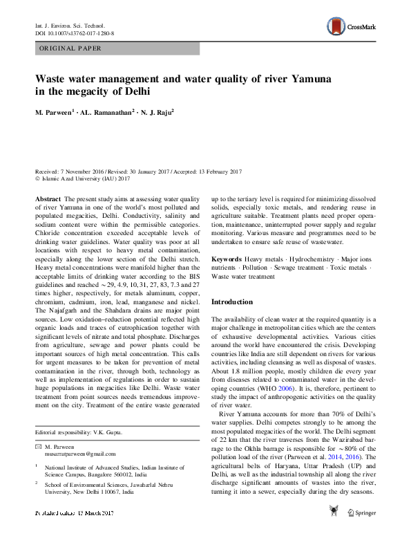 (PDF) Waste water management and water quality of river Yamuna in the ...