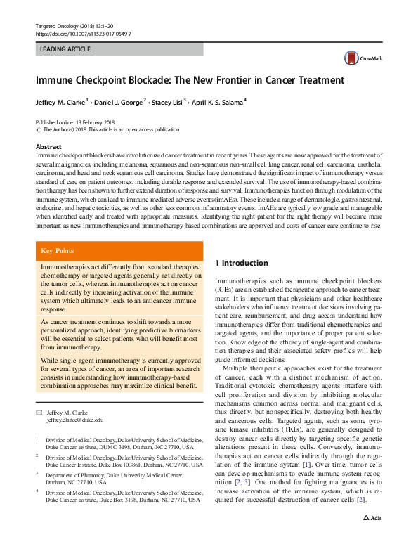 (PDF) Immune Checkpoint Blockade: The New Frontier in Cancer Treatment