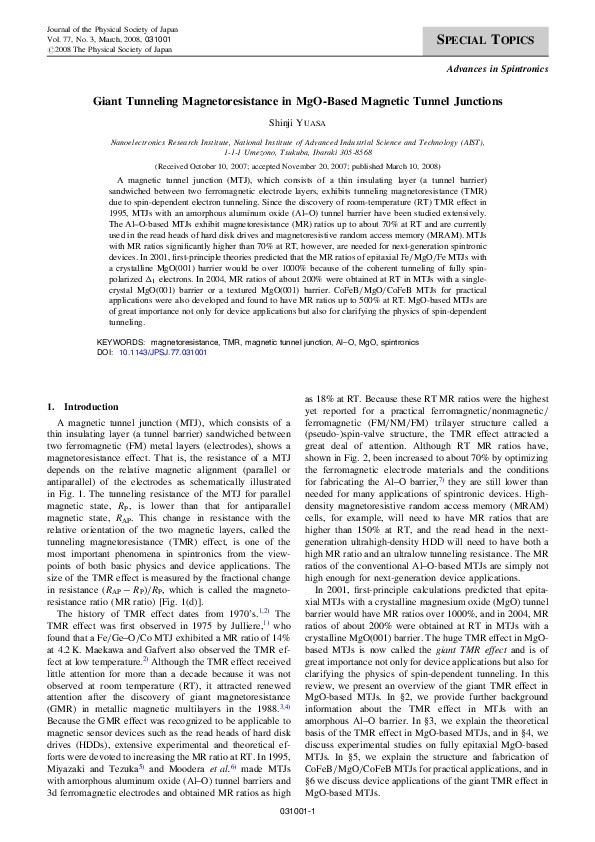 (PDF) Giant Tunneling Magnetoresistance in MgO-Based Magnetic Tunnel ...