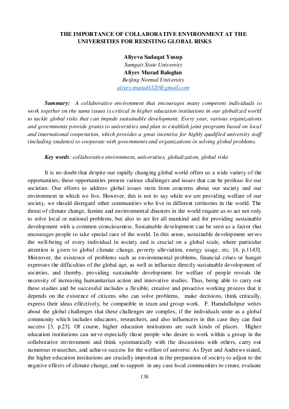 (PDF) THE IMPORTANCE OF COLLABORATIVE ENVIRONMENT AT THE UNIVERSITIES ...