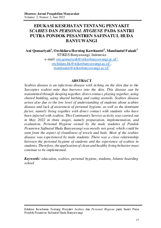  PDF Edukasi Kesehatan Tentang Penyakit Scabies Dan Personal Hygiene 