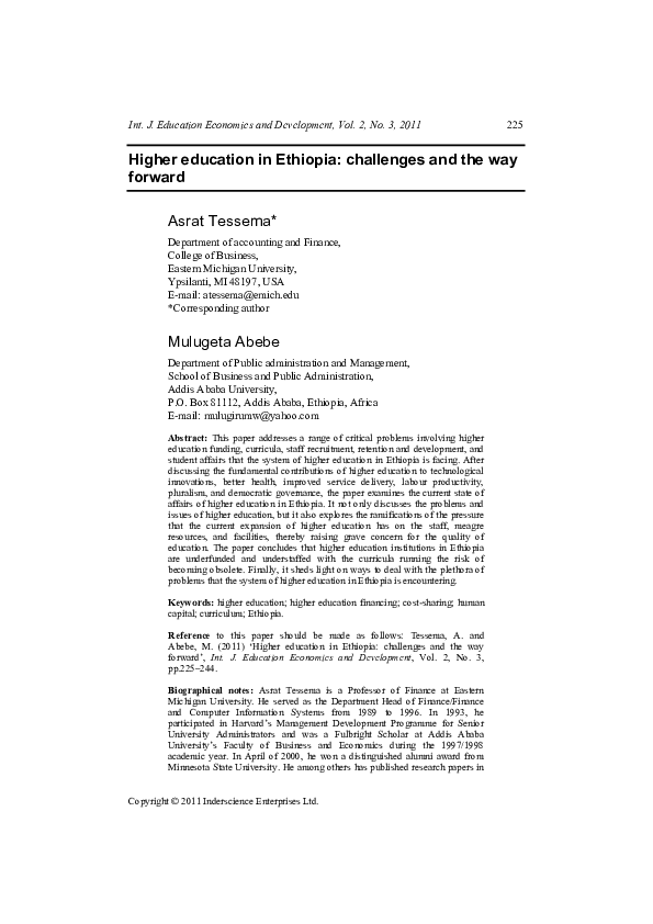 (PDF) Higher education in Ethiopia: challenges and the way forward