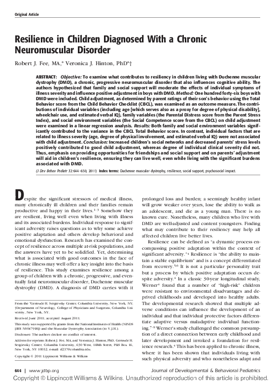 (PDF) Resilience in Children Diagnosed With a Chronic Neuromuscular ...