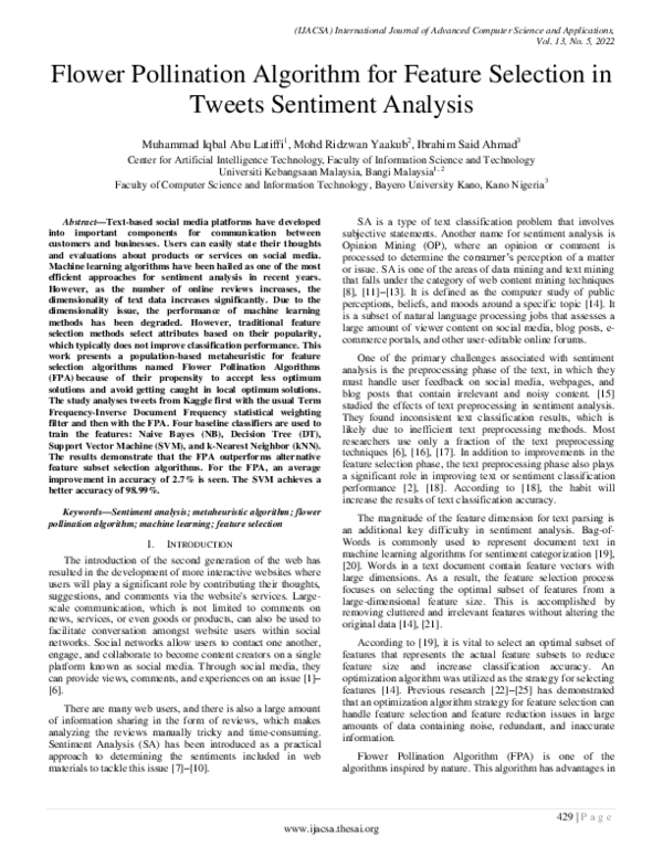 (PDF) Flower Pollination Algorithm for Feature Selection in Tweets ...