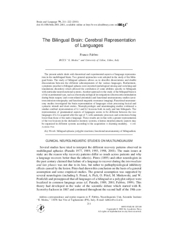 Pdf The Bilingual Brain Cerebral Representation Of Languages