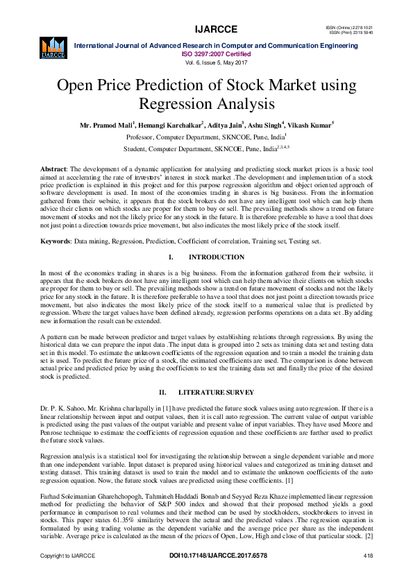 (PDF) Open Price Prediction of Stock Market using Regression Analysis