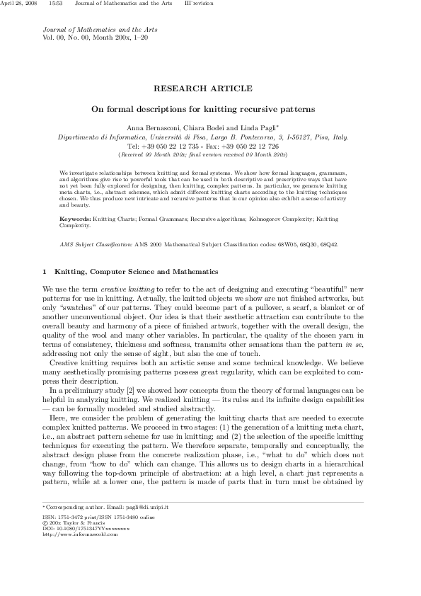 (PDF) On formal descriptions for knitting recursive patterns