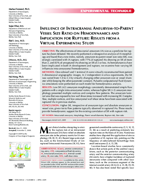 (PDF) Influence of Intracranial Aneurysm-To-Parent Vessel Size Ratio on ...
