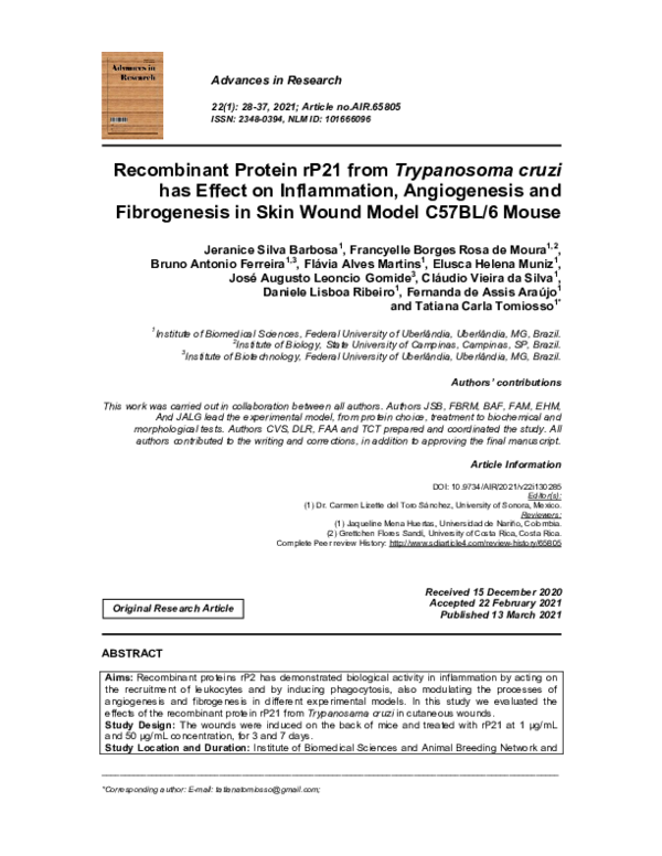 (PDF) Recombinant Protein rP21 from Trypanosoma cruzi has Effect on ...