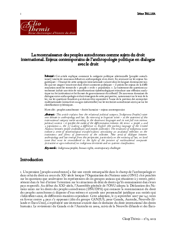 (PDF) La reconnaissance des peuples autochtones comme sujets du droit ...