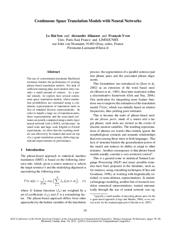 (PDF) Continuous space translation models with neural networks