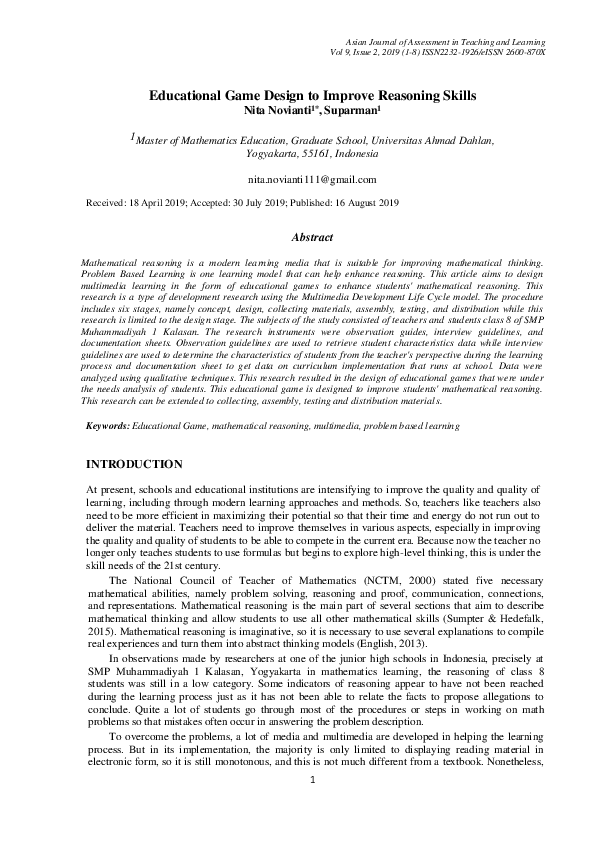 (PDF) Educational game design to improve reasoning skills