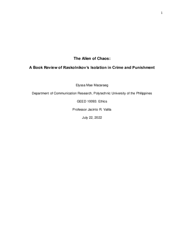 (PDF) The Alien of Chaos: A Book Review of Raskolnikov's Isolation in ...