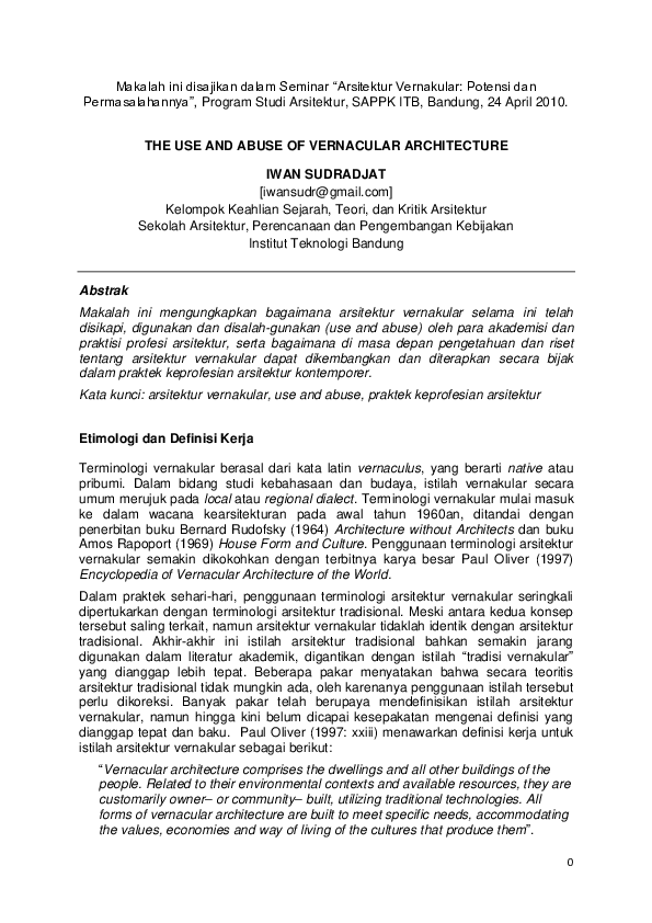 (PDF) The Use and Abuse of Vernacular Architecture Iwan Sudradjat