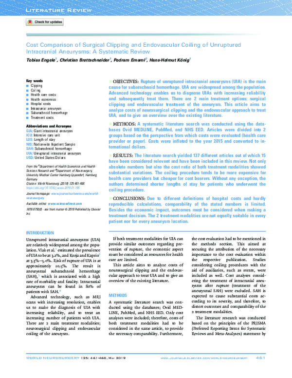 (PDF) Cost Comparison of Surgical Clipping and Endovascular Coiling of ...
