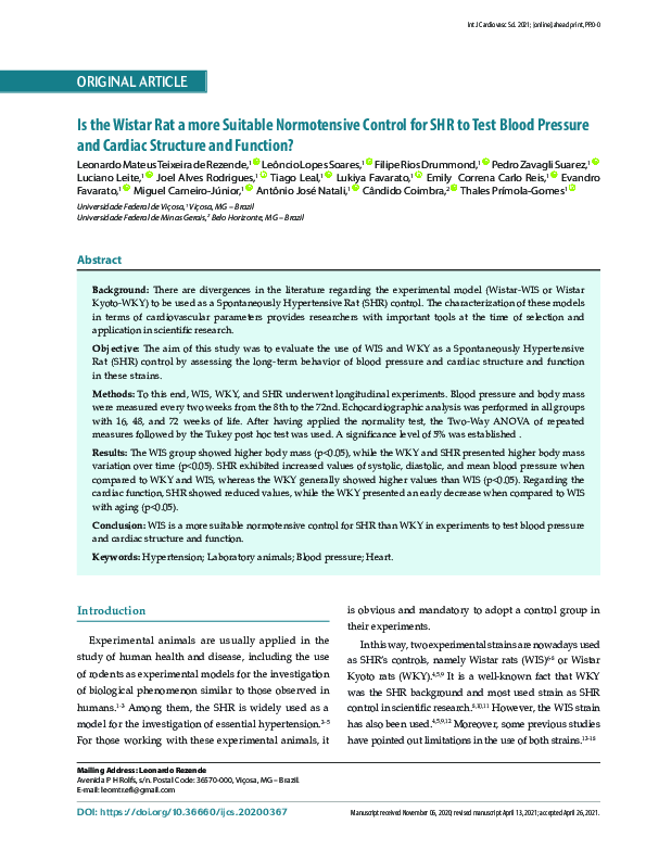 (PDF) Is the Wistar Rat a more Suitable Normotensive Control for SHR to ...