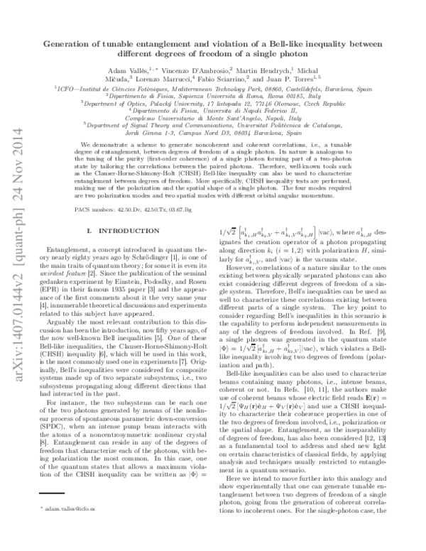 (PDF) Generation of tunable entanglement and violation of a Bell-like ...