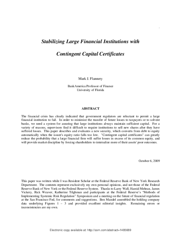 (PDF) Stabilizing Large Financial Institutions with Contingent Capital ...