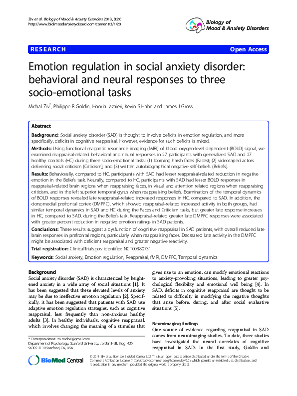 (PDF) Emotion Regulation in Social Anxiety Disorder
