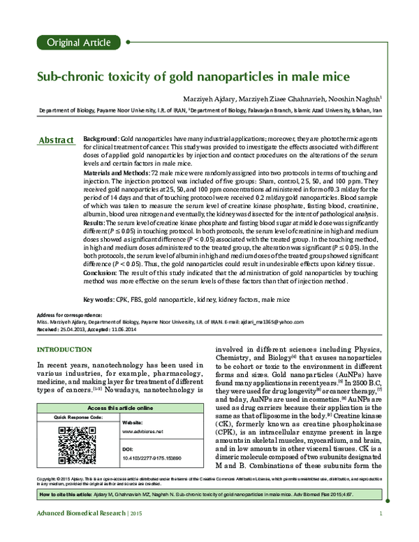 (PDF) Sub-chronic toxicity of gold nanoparticles in male mice