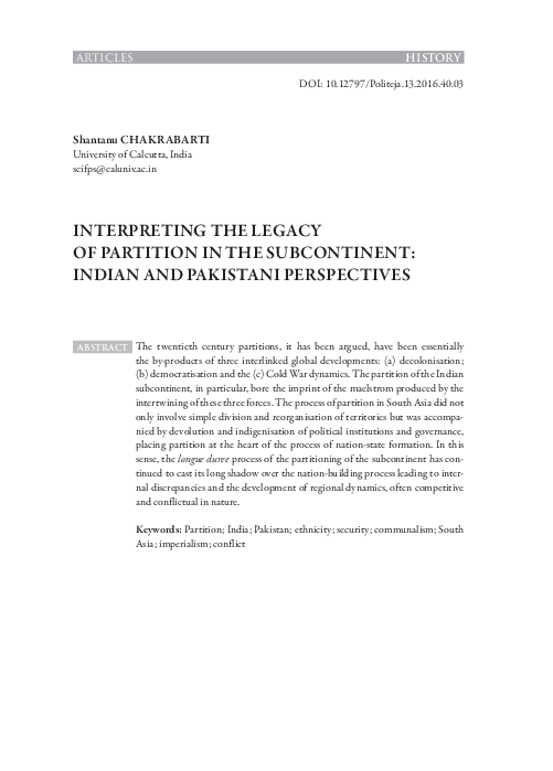 (PDF) Interpreting the legacy of partition in the subcontinent Indian