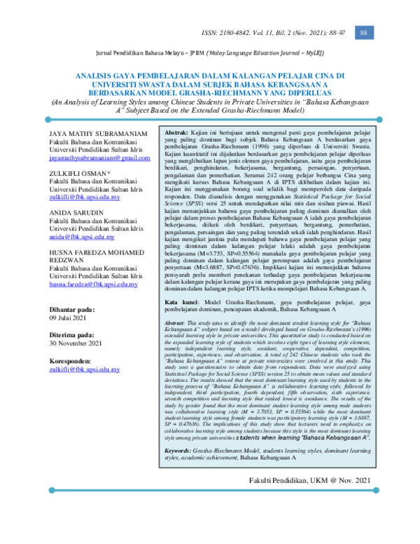 (PDF) Analisis gaya pembelajaran dalam kalangan pelajar Cina di ...