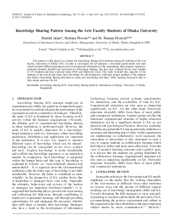 (PDF) Knowledge Sharing Pattern Among the Arts Faculty Students of ...