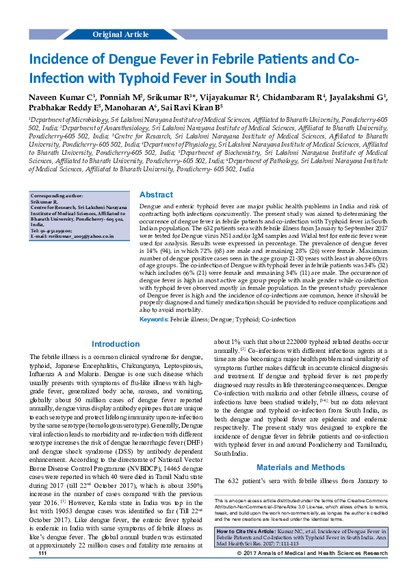 (PDF) Incidence of Dengue Fever in Febrile Patients and Co-Infection ...