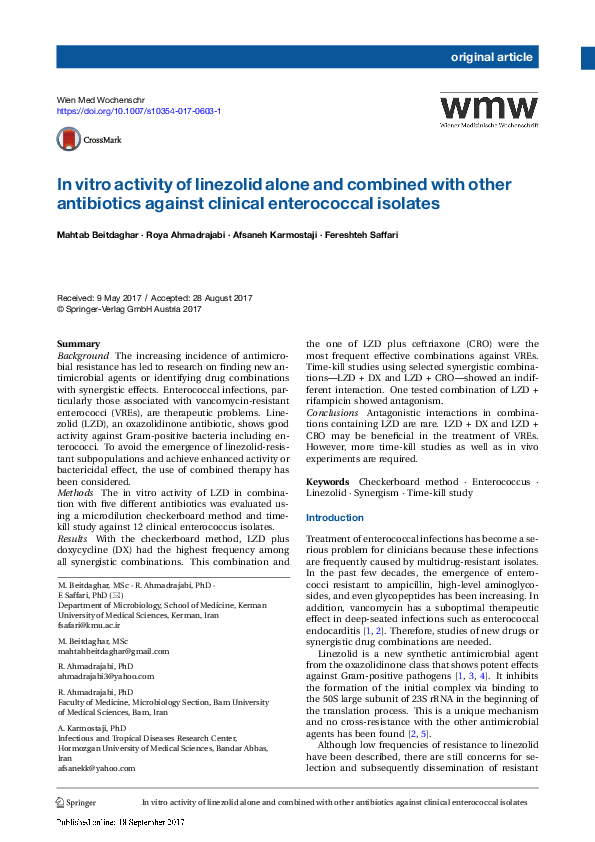 (PDF) In vitro activity of linezolid alone and combined with other ...