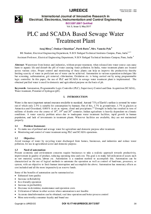 (PDF) PLC and SCADA Based Sewage Water Treatment Plant