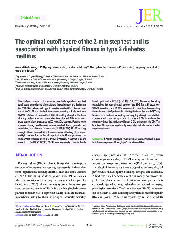 (PDF) The optimal cutoff score of the 2-min step test and its ...
