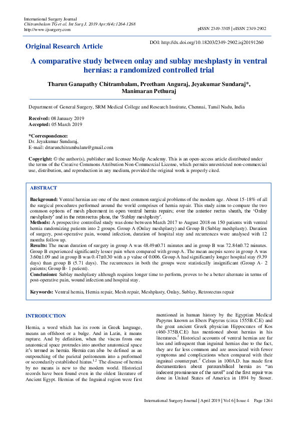 (PDF) A comparative study between onlay and sublay meshplasty in ...
