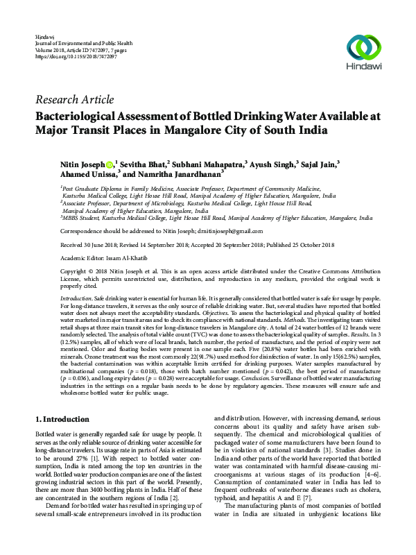 (PDF) Bacteriological Assessment of Bottled Drinking Water Available at