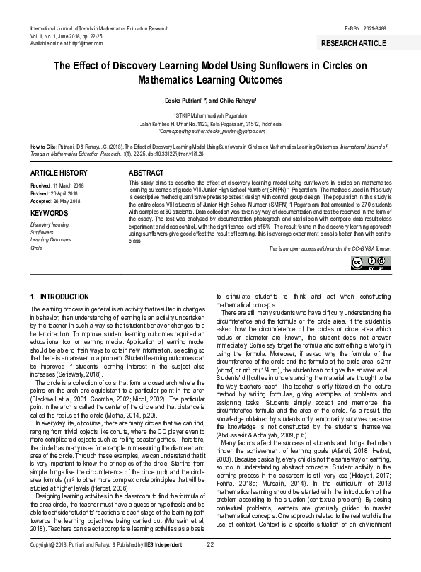 (PDF) The Effect of Discovery Learning Model Using Sunflowers in ...