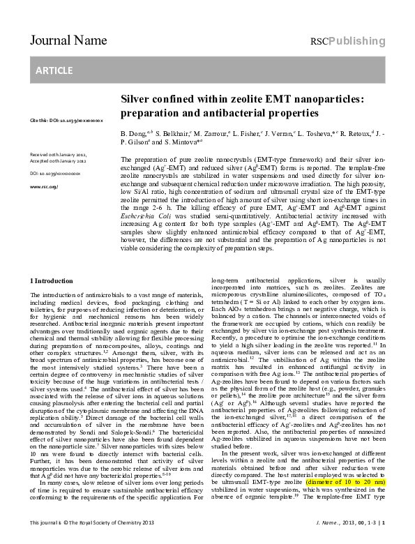 (PDF) Silver confined within zeolite EMT nanoparticles: preparation and ...