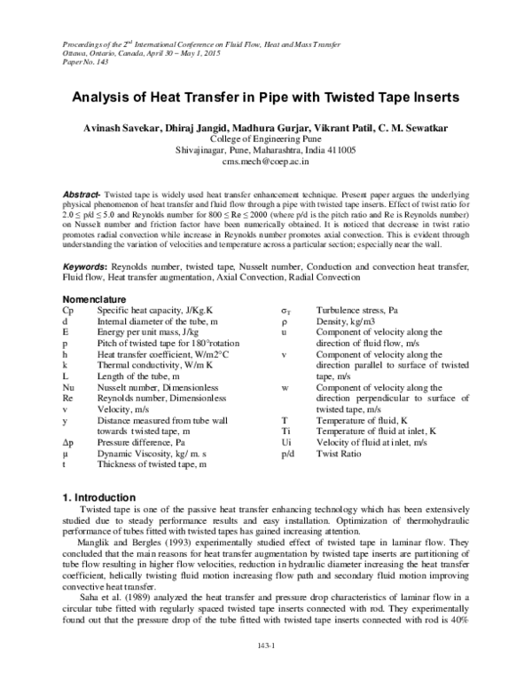 (PDF) Analysis of Heat Transfer in Pipe with Twisted Tape Inserts