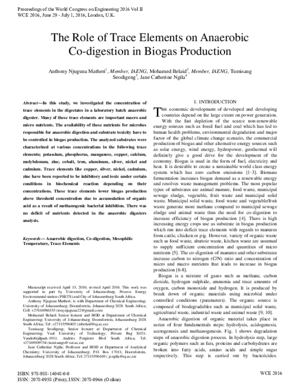 (PDF) The Role of Trace Elements on Anaerobic Codigestion in Biogas