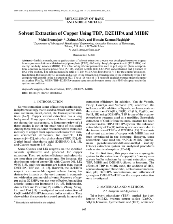 (PDF) Solvent Extraction of Copper Using TBP, D2EHPA and MIBK Hossein