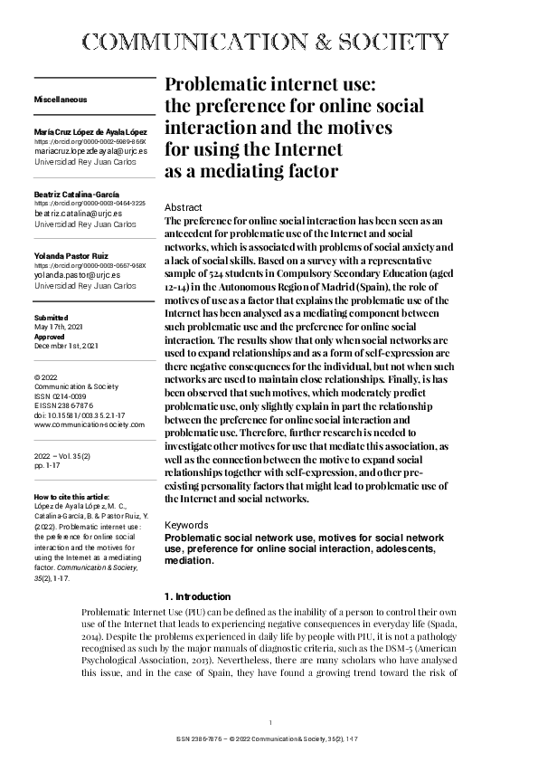 (PDF) Problematic internet use: the preference for online social ...