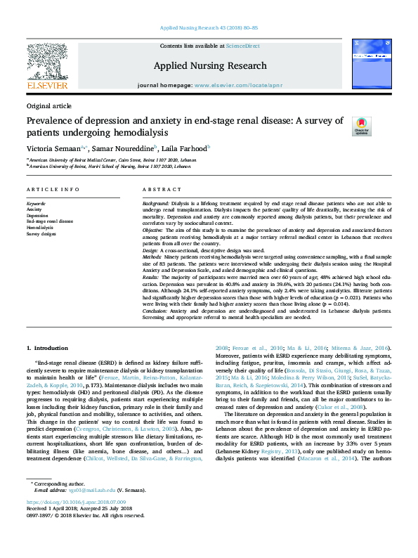 (PDF) Prevalence of depression and anxiety in end-stage renal disease ...