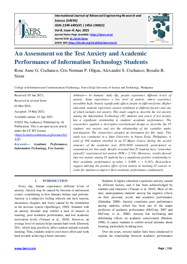(PDF) An Assessment on the Test Anxiety and Academic Performance of ...