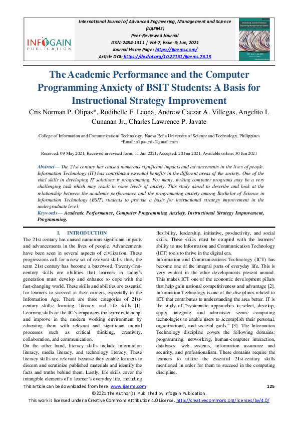 (PDF) The Academic Performance and the Computer Programming Anxiety of ...