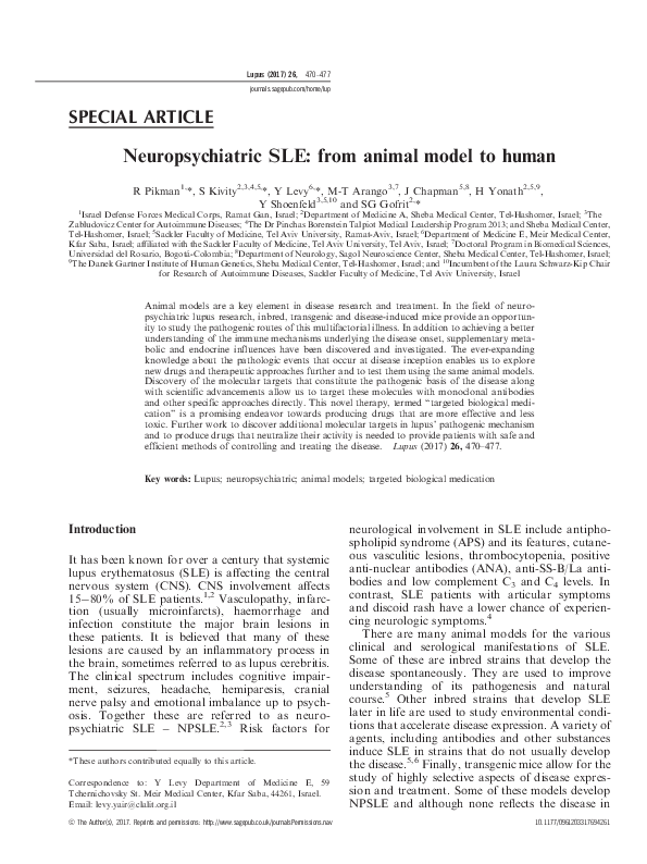 (PDF) Neuropsychiatric SLE from animal model to human Shany Gofrit