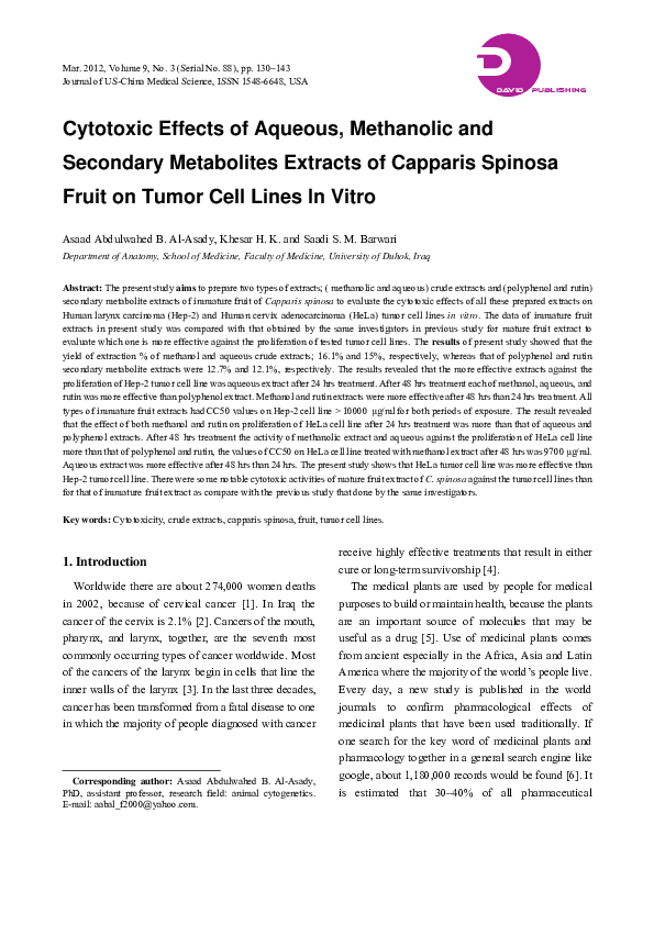 (PDF) Cytotoxic Effects of Aqueous, Methanolic and Secondary ...